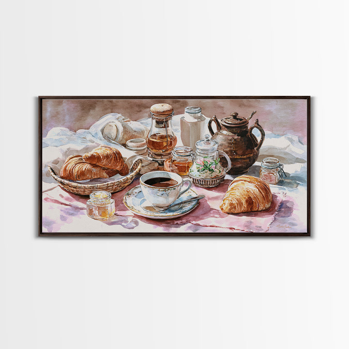 French Bistro Coffee and Croissant Still Life Canvas Print, Restaurant Art, Framed Wall Art, Restaurant Decor, Watercolor Art, RES-2x1-98