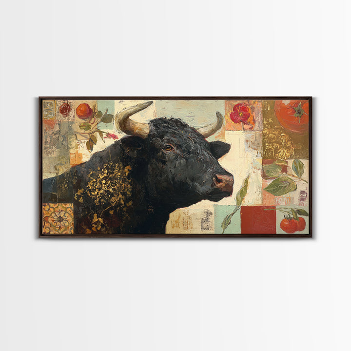 Steakhouse Black and Gold Bull Portrait Framed Canvas Print, Restaurant Art, Living Room Decor, Restaurant Decor, Bistro, RES-2x1-99