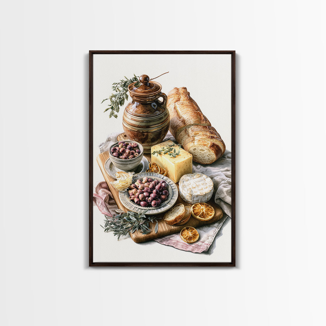 Mediterranean Olives Bread and Cheese Board Canvas Print, Restaurant Art, Kitchen Wall Art, Restaurant Decor, Bistro, RES-2x3-17