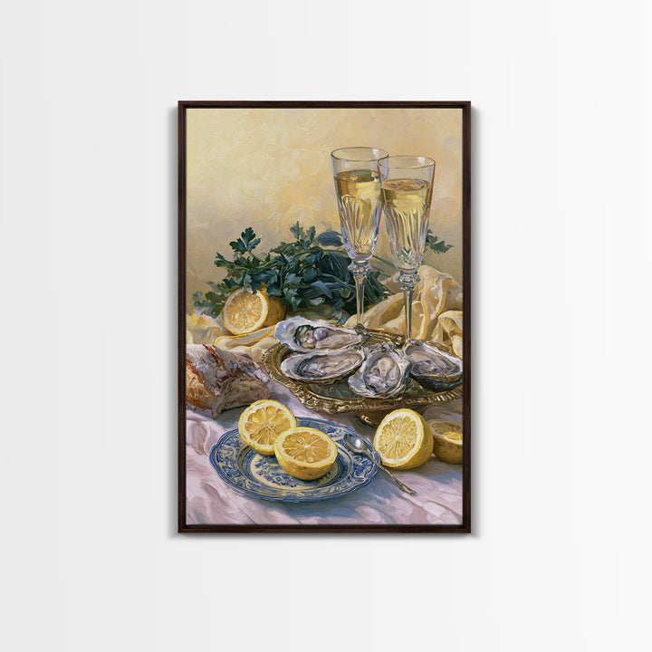 Oyster Platter with Lemons and Champagne Canvas Print, Restaurant Art, Framed Wall Art, Restaurant Decor, Watercolor Art, RES-2x3-35