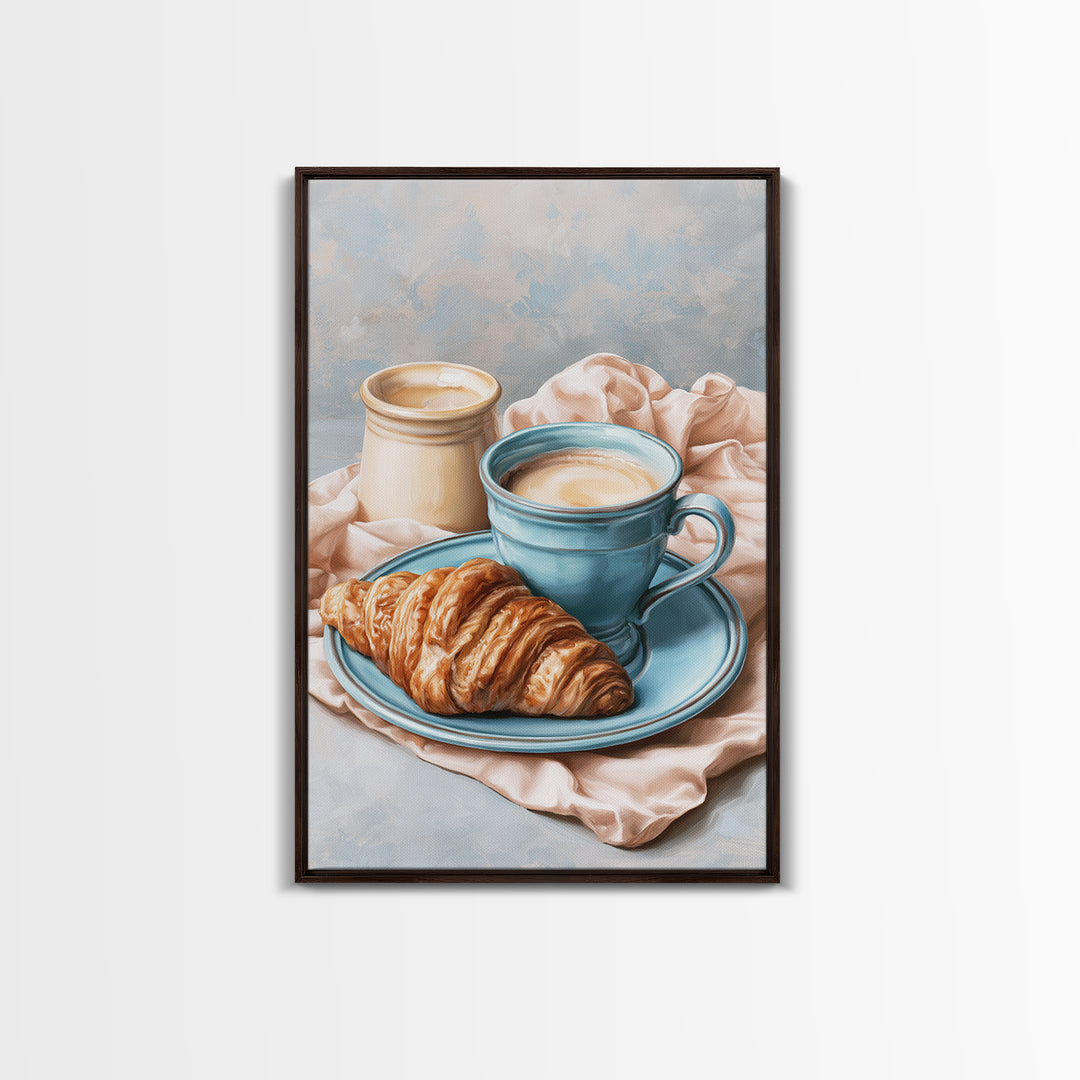 French Bistro Coffee and Croissant Still Life Framed Canvas Print, Restaurant Art, Canvas, Restaurant Decor, Fine Art, Bistro, RES-2x3-38