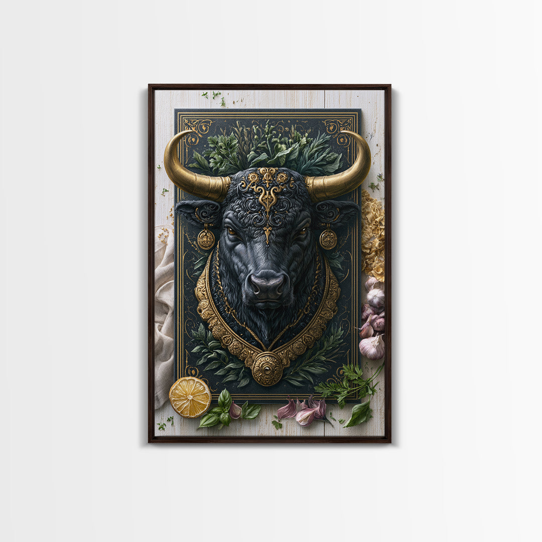Steakhouse Black and Gold Bull Portrait Canvas Print, Restaurant Art, Canvas Wall Art, Restaurant Decor, Oil Painting, Bistro, RES-2x3-39