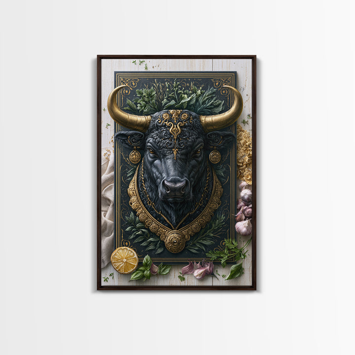 Steakhouse Black and Gold Bull Portrait Canvas Print, Restaurant Art, Canvas Wall Art, Restaurant Decor, Oil Painting, Bistro, RES-2x3-39