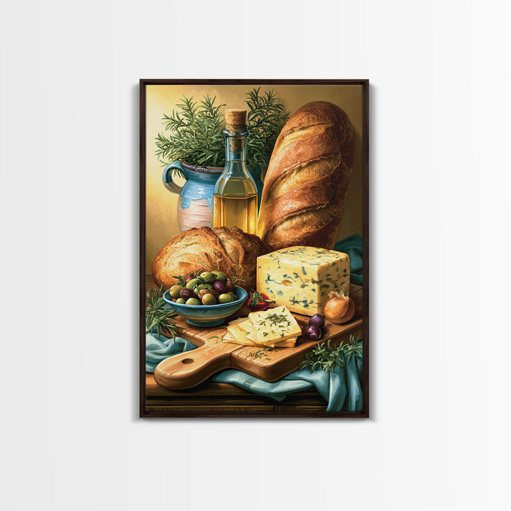 Mediterranean Olives Bread and Cheese Board Canvas Print, Restaurant Art, Kitchen Wall Art, Restaurant Decor, Bistro, RES-2x3-41