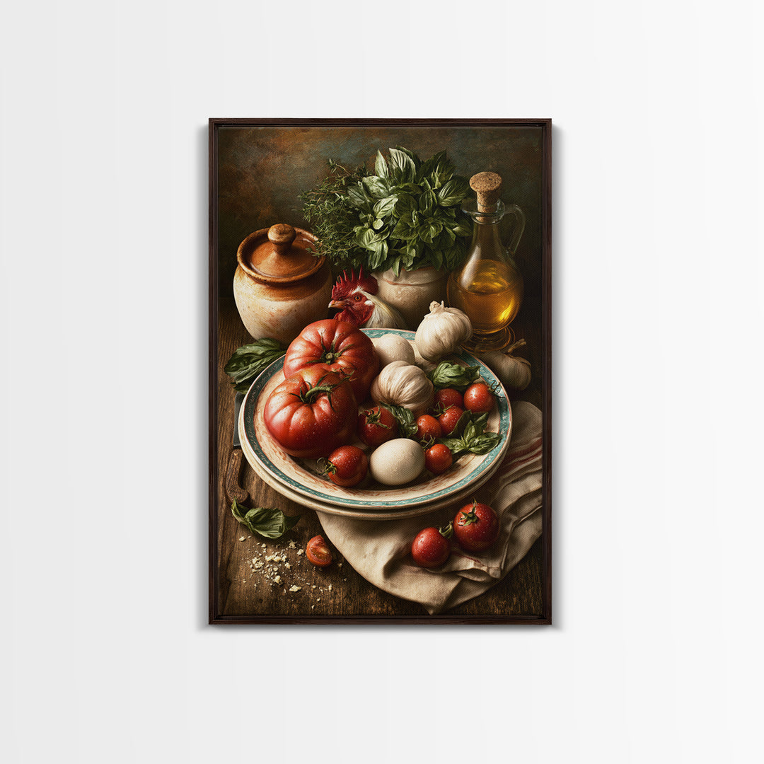 Rooster and Herbs for Farmhouse Restaurant Mood Framed Canvas Print, Restaurant Art, Poster, Restaurant Decor, Fine Art, Bistro, RES-2x3-52