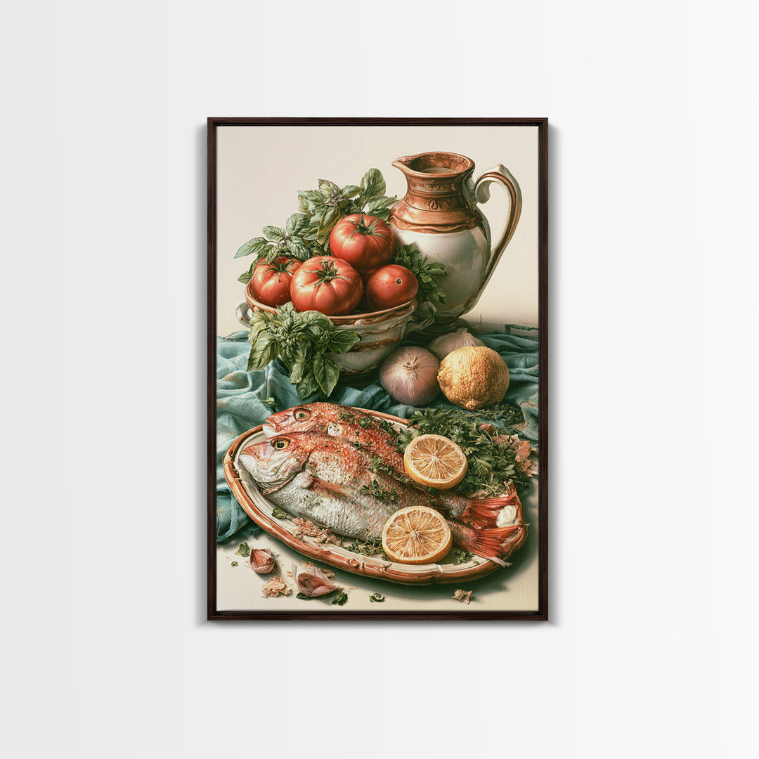 Fresh Fish with Lemon and Herbs Framed Canvas Print, Restaurant Art, Large Wall Art, Restaurant Decor, Fine Art, Bistro, RES-2x3-55