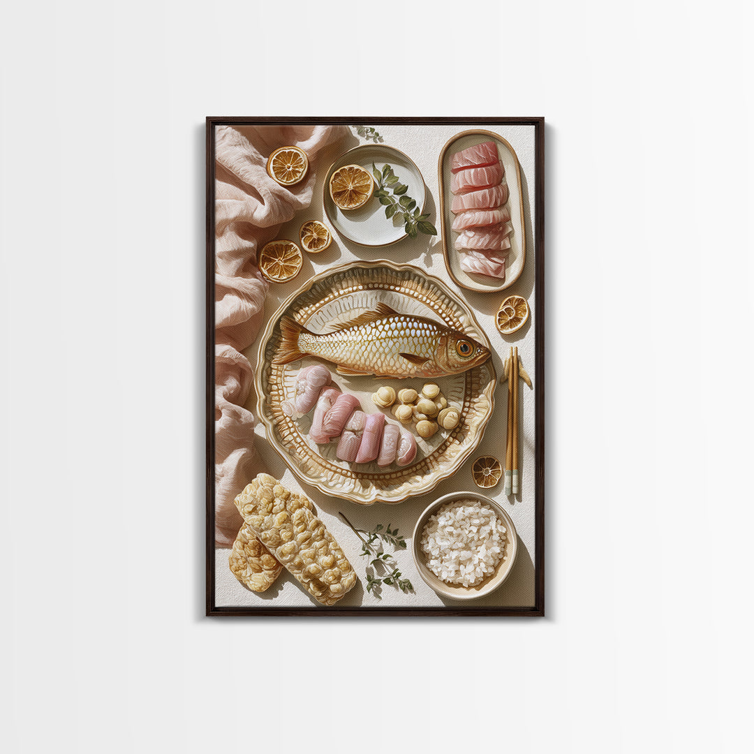 Sushi Fish and Ceramic Plate Composition Canvas Print, Restaurant Art, Kitchen Art, Restaurant Decor, Fine Art, Bistro, RES-2x3-61