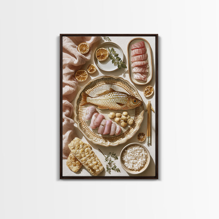 Sushi Fish and Ceramic Plate Composition Canvas Print, Restaurant Art, Kitchen Art, Restaurant Decor, Fine Art, Bistro, RES-2x3-61