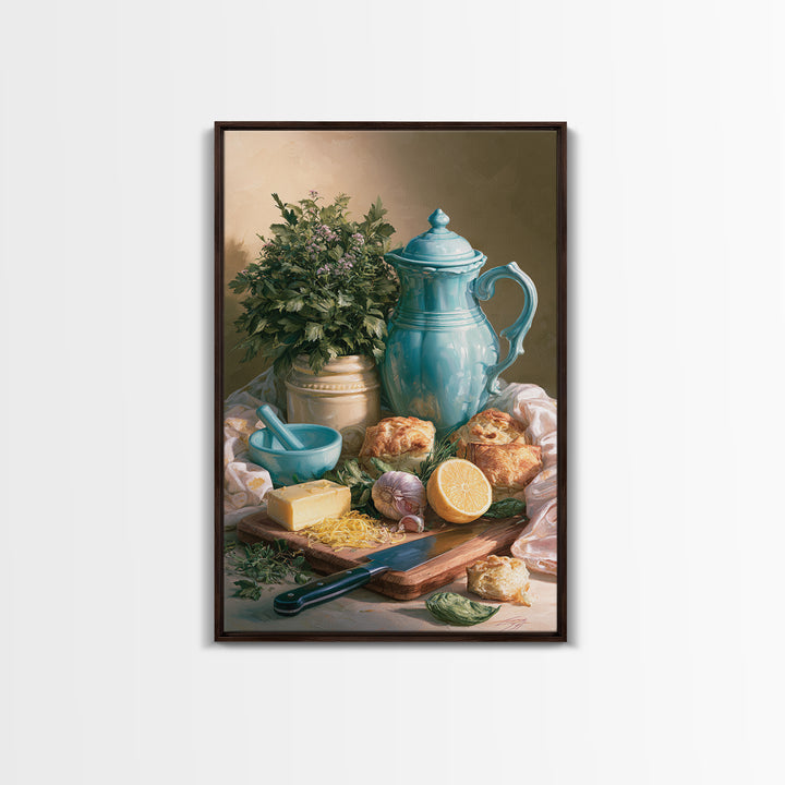 Chef Knife Herbs and Cutting Board Still Framed Canvas Print, Restaurant Art, Living Room Decor, Restaurant Decor, Bistro, RES-2x3-69
