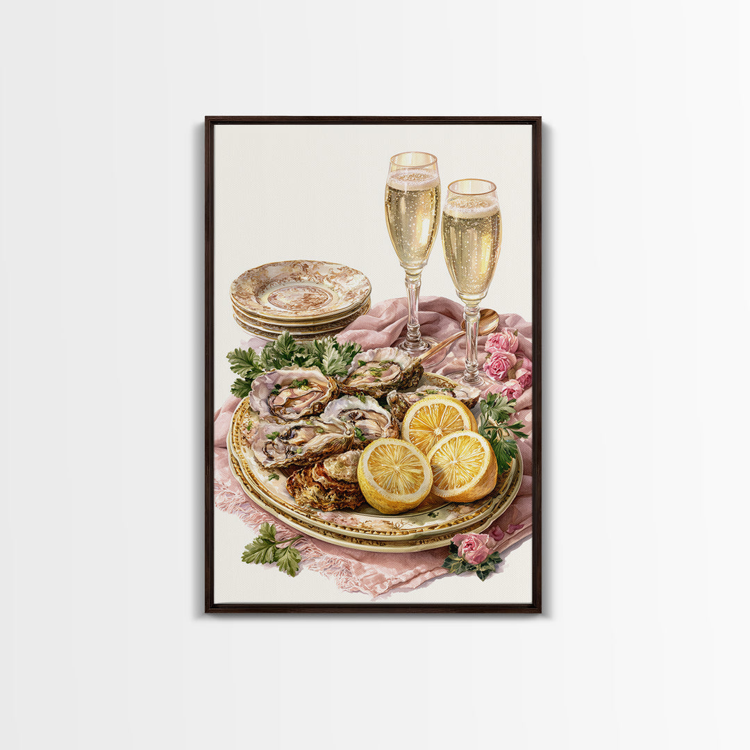 Oyster Platter with Lemons and Champagne Framed Canvas Print, Restaurant Art, Watercolor Art, Restaurant Decor, Abstract Art, RES-2x3-83
