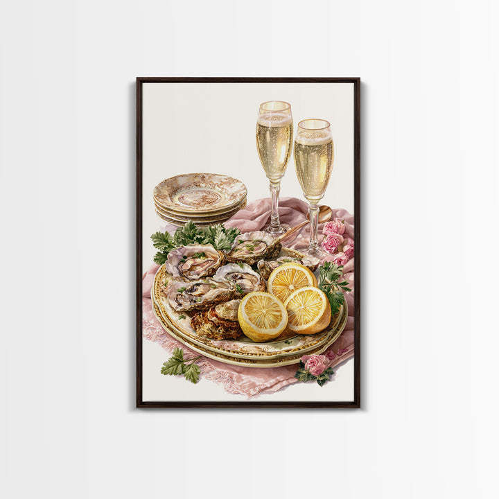 Oyster Platter with Lemons and Champagne Framed Canvas Print, Restaurant Art, Watercolor Art, Restaurant Decor, Abstract Art, RES-2x3-83