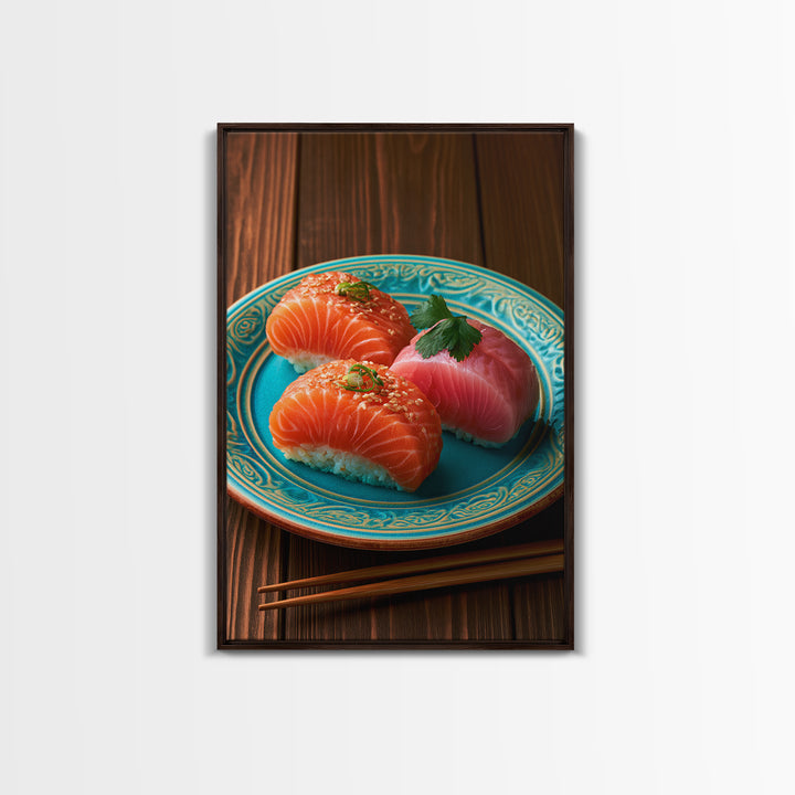 Sushi Fish and Ceramic Plate Composition Framed Canvas Print, Restaurant Art, Canvas Print, Restaurant Decor, Fine Art, Bistro, RES-2x3-85