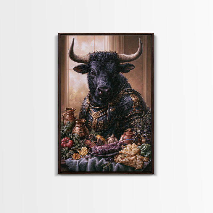 Steakhouse Black and Gold Bull Portrait Framed Canvas Print, Restaurant Art, Stained Glass Art, Restaurant Decor, Bistro, RES-2x3-87
