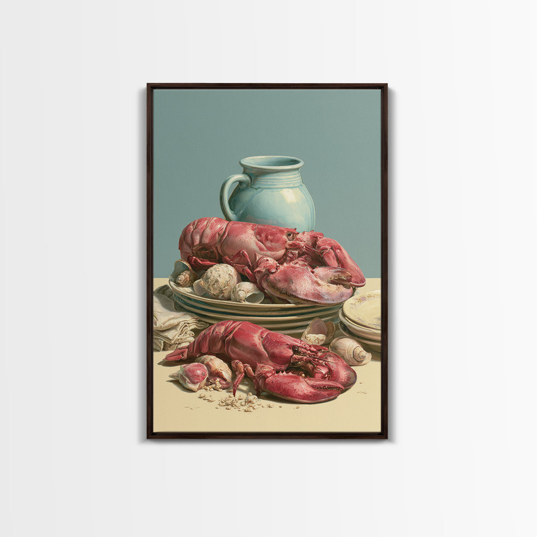 Seafood Lobster and Shell Arrangement Framed Canvas Print, Restaurant Art, Kitchen Art, Restaurant Decor, Fine Art, Bistro, RES-2x3-88