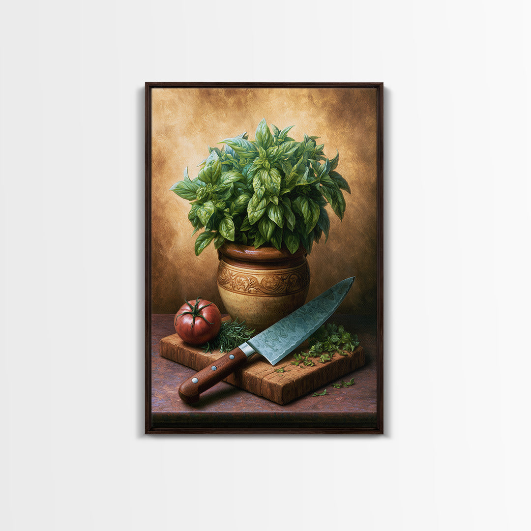 Chef Knife Herbs and Cutting Board Still Framed Canvas Print, Restaurant Art, Living Room Decor, Restaurant Decor, Bistro, RES-2x3-93