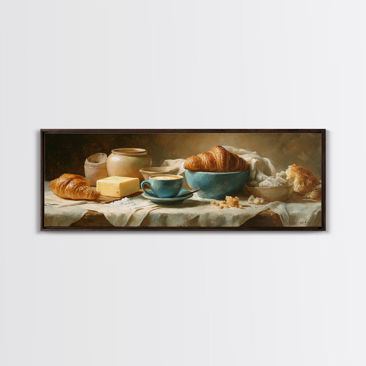 French Bistro Coffee and Croissant Still Life Canvas Print, Restaurant Art, Restaurant Decor, Abstract Art, Bistro, RES-3x1-22
