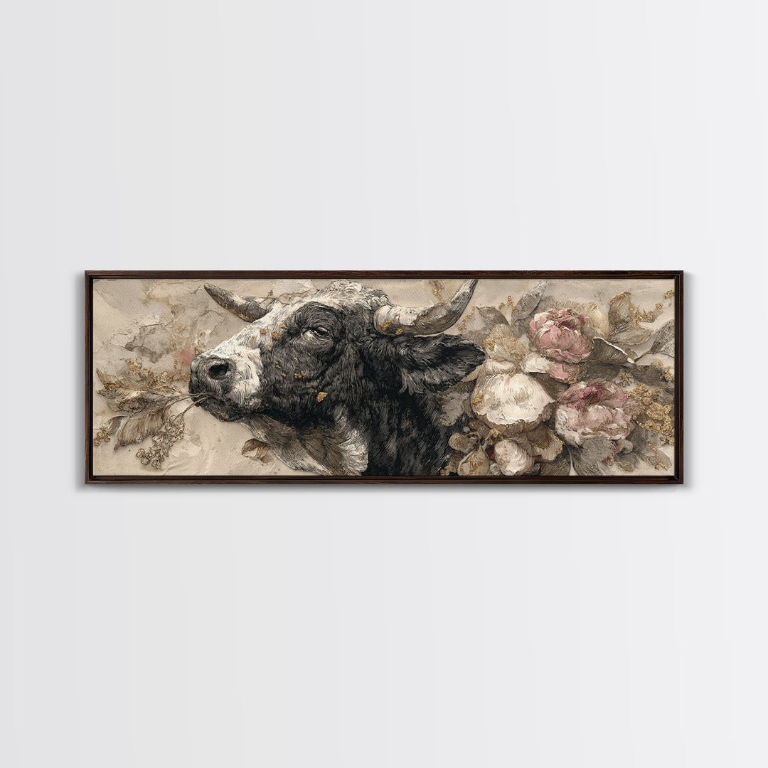 Steakhouse Black and Gold Bull Portrait Framed Canvas Print, Restaurant Art, Room Decor, Restaurant Decor, Oil Painting, Bistro, RES-3x1-23