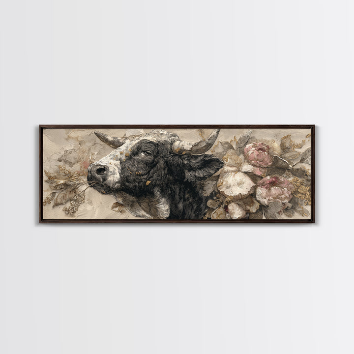 Steakhouse Black and Gold Bull Portrait Framed Canvas Print, Restaurant Art, Room Decor, Restaurant Decor, Oil Painting, Bistro, RES-3x1-23