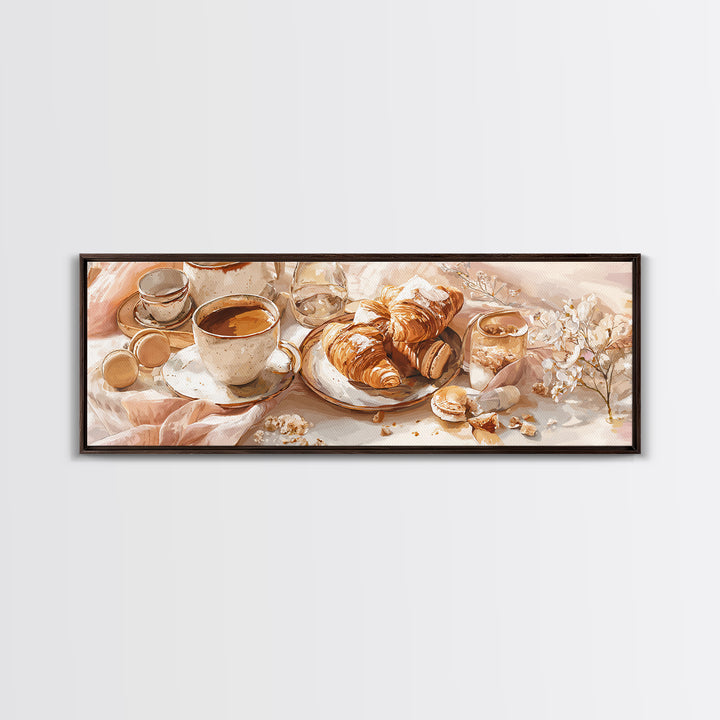 French Bistro Coffee and Croissant Still Life Canvas Print, Restaurant Art, Wall Art, Restaurant Decor, Oil Painting, Bistro, RES-3x1-70