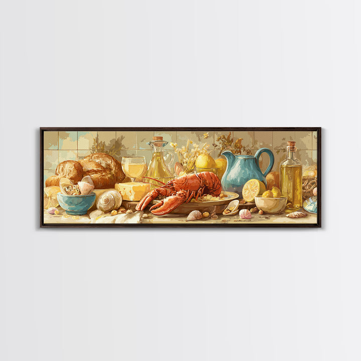 Seafood Lobster and Shell Arrangement Framed Canvas Print, Restaurant Art, Poster, Restaurant Decor, Fine Art, Bistro, RES-3x1-72