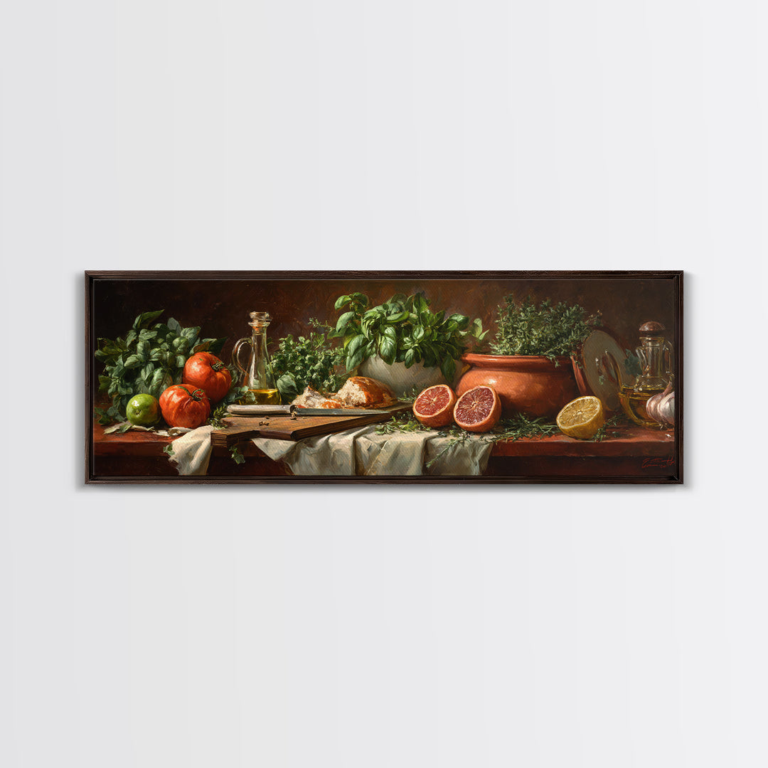 Chef Knife Herbs and Cutting Board Still Framed Canvas Print, Restaurant Art, Stained Glass Art, Restaurant Decor, Bistro, RES-3x1-77