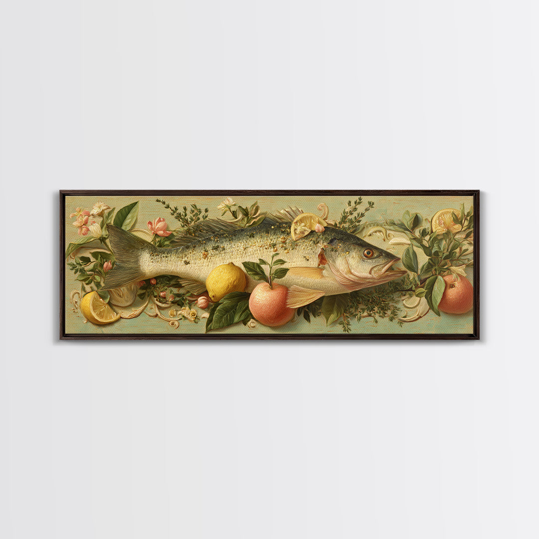 Fresh Fish with Lemon and Herbs Framed Canvas Print, Restaurant Art, Kitchen Decor, Restaurant Decor, Fine Art, Bistro, RES-3x1-87