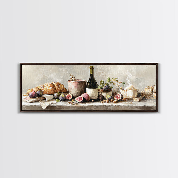 Wine Bottle and Figs Framed Canvas Print, Restaurant Art, Boho Decor, Restaurant Decor, Oil Painting, Bistro, RES-3x1-89