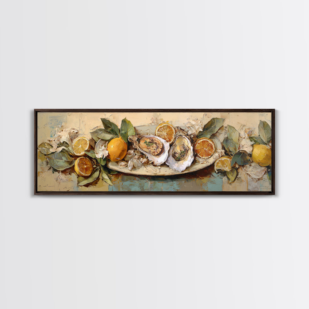 Oyster Platter with Lemons and Champagne Canvas Print, Restaurant Art, Canvas, Restaurant Decor, Bistro, Living Room Decor, RES-3x1-91