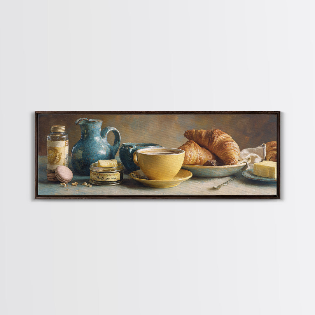 French Bistro Coffee and Croissant Still Life Canvas Print, Restaurant Art, Bedroom Wall Art, Restaurant Decor, Watercolor Art, RES-3x1-94