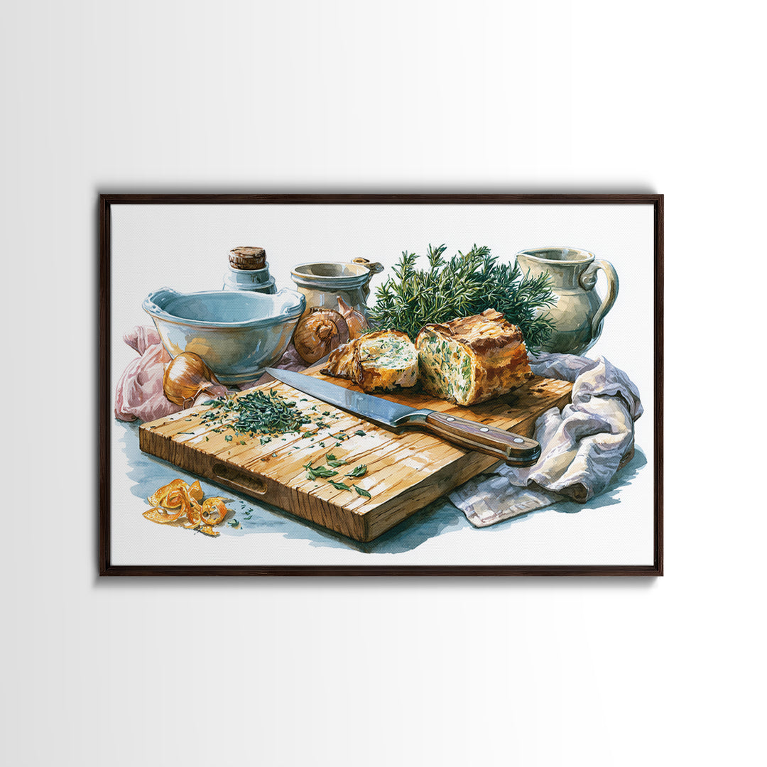 Chef Knife Herbs and Cutting Board Still Canvas Print, Restaurant Art, Kitchen Wall Decor, Restaurant Decor, Fine Art, Bistro, RES-3x2-17