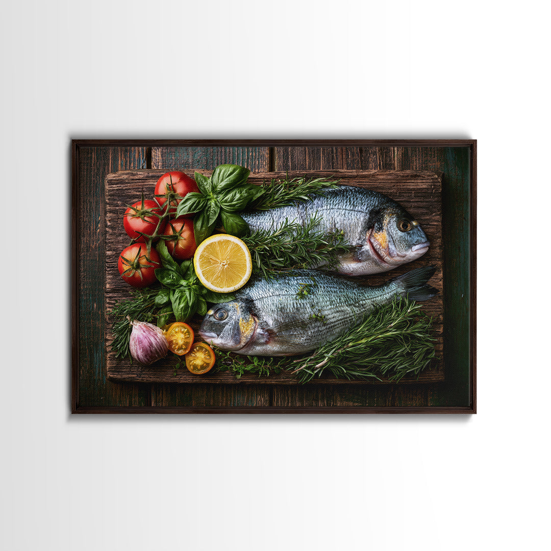 Fresh Fish with Lemon and Herbs Framed Canvas Print, Restaurant Art, Gallery Decor, Restaurant Decor, Fine Art, Bistro, RES-3x2-27