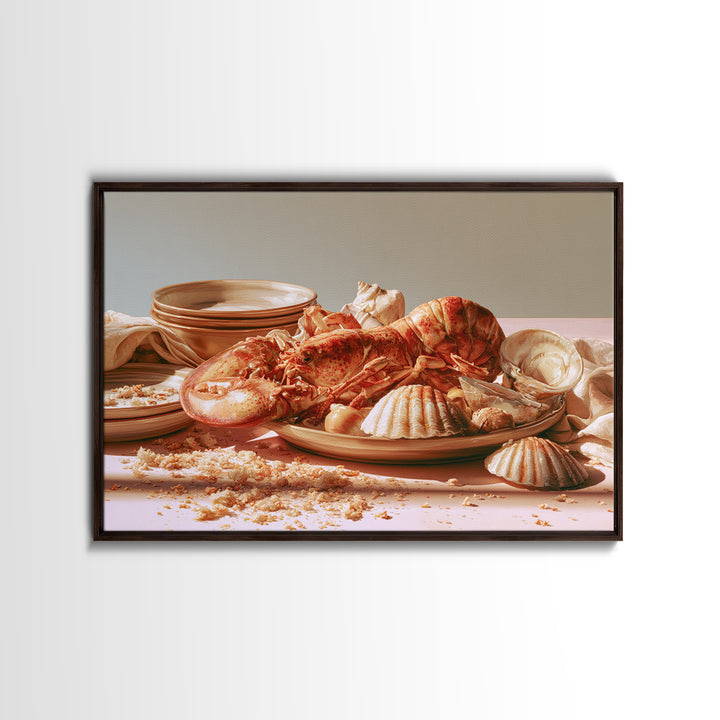 Seafood Lobster and Shell Arrangement Framed Canvas Print, Restaurant Art, Cool Wall Art, Restaurant Decor, Fine Art, Bistro, RES-3x2-36