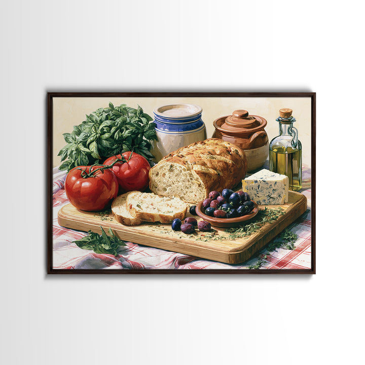 Mediterranean Olives Bread and Cheese Board Canvas Print, Restaurant Art, Food Art, Restaurant Decor, Oil Painting, Bistro, RES-3x2-37