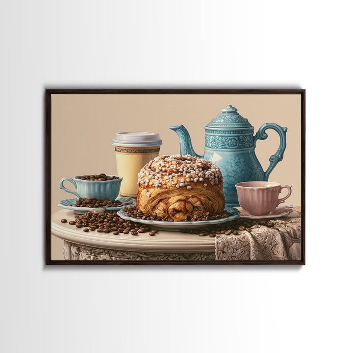 Coffee Beans and Pastry Arrangement Framed Canvas Print, Restaurant Art, Watercolor Painting, Restaurant Decor, Oil Painting, RES-3x2-50