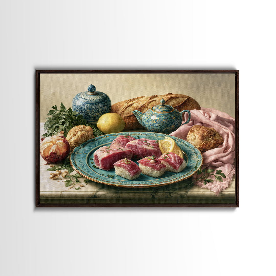 Sushi Fish and Ceramic Plate Composition Canvas Print, Restaurant Art, Cool Wall Art, Restaurant Decor, Fine Art, Bistro, RES-3x2-57