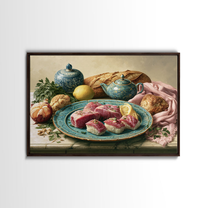 Sushi Fish and Ceramic Plate Composition Canvas Print, Restaurant Art, Cool Wall Art, Restaurant Decor, Fine Art, Bistro, RES-3x2-57
