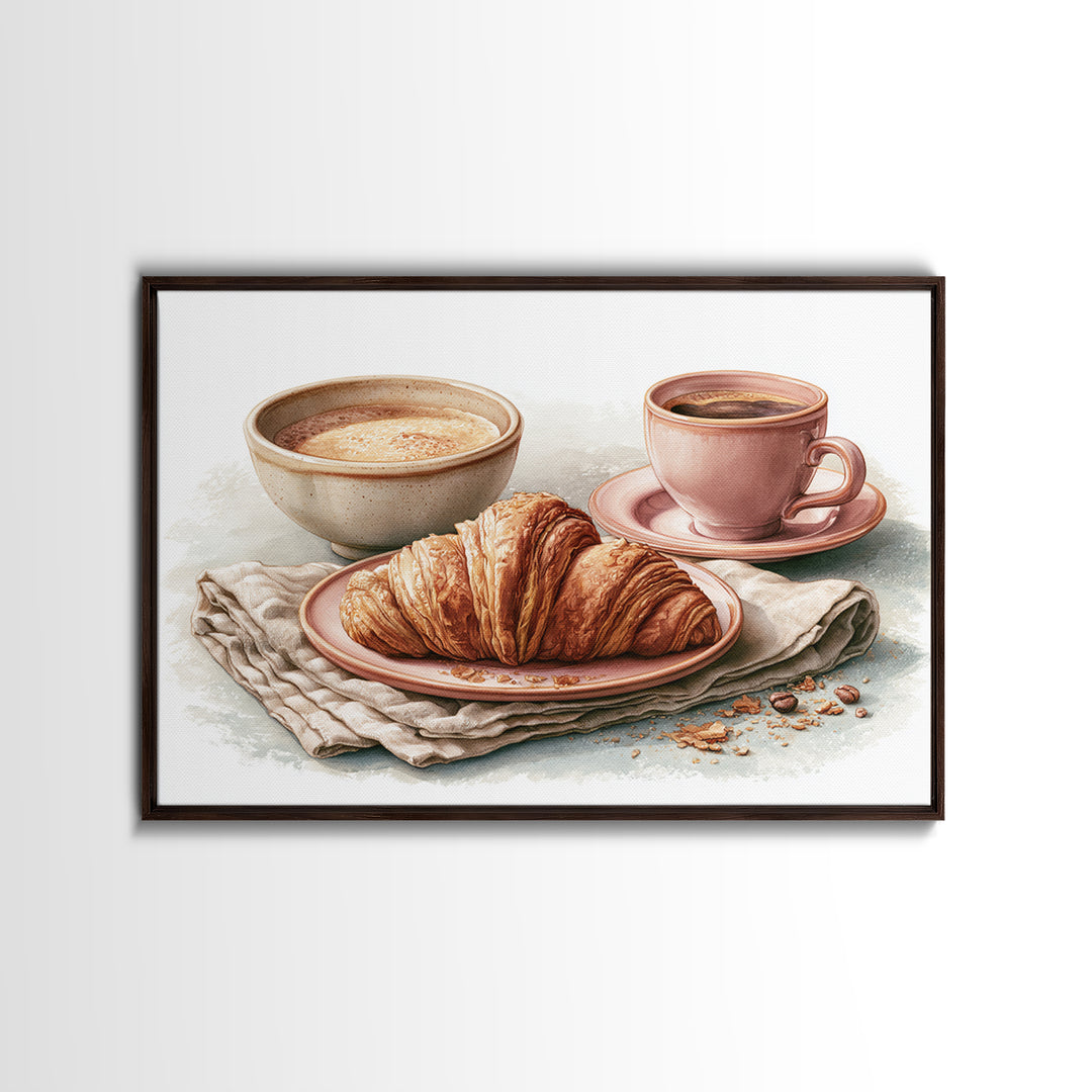French Bistro Coffee and Croissant Still Life Canvas Print, Restaurant Art, Bedroom Wall Art, Restaurant Decor, Watercolor Art, RES-3x2-58