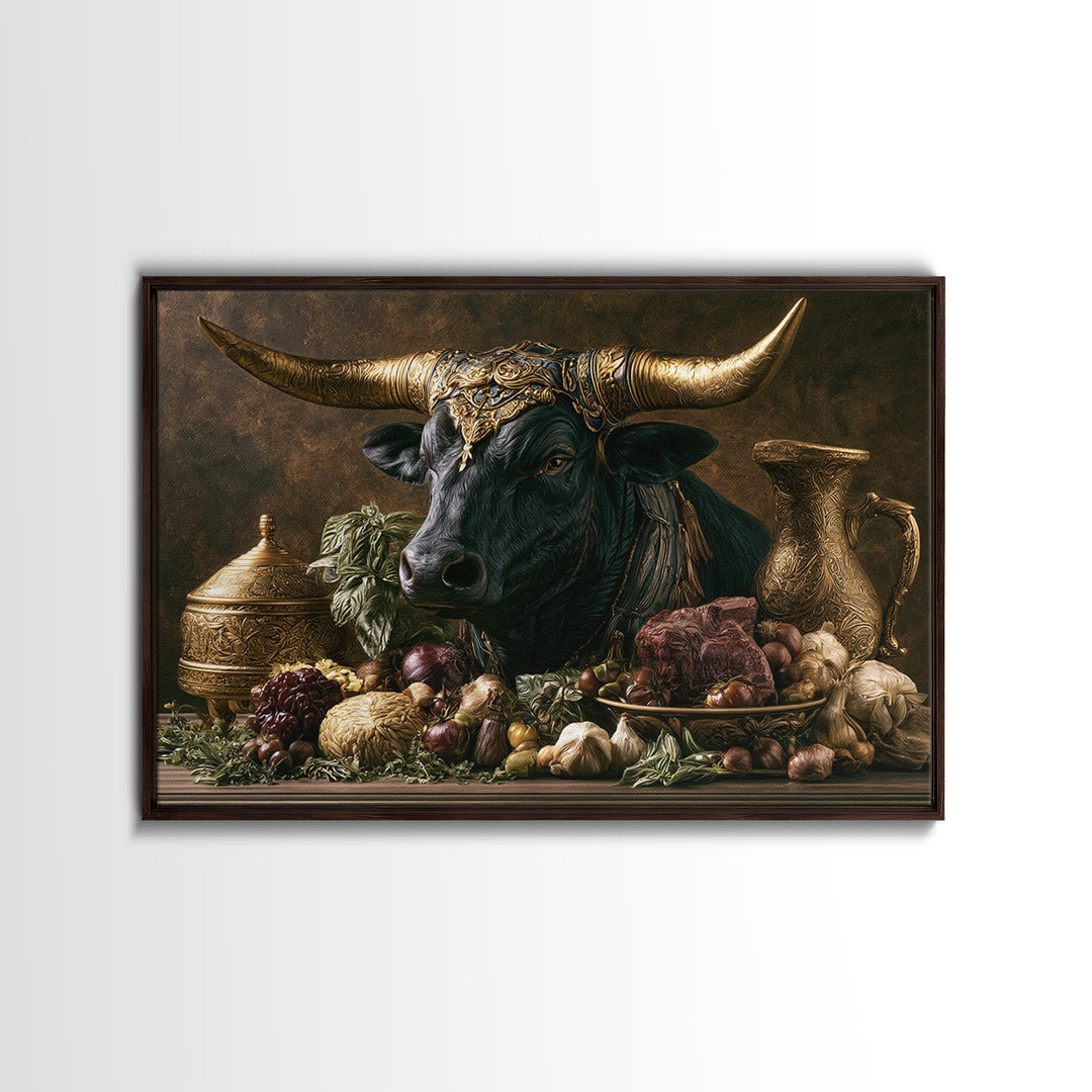 Steakhouse Black and Gold Bull Portrait Framed Canvas Print, Restaurant Art, Wall Art Prints, Restaurant Decor, Bistro, RES-3x2-59
