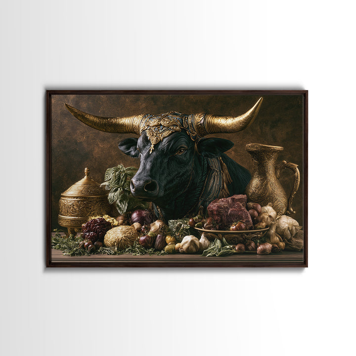 Steakhouse Black and Gold Bull Portrait Framed Canvas Print, Restaurant Art, Wall Art Prints, Restaurant Decor, Bistro, RES-3x2-59