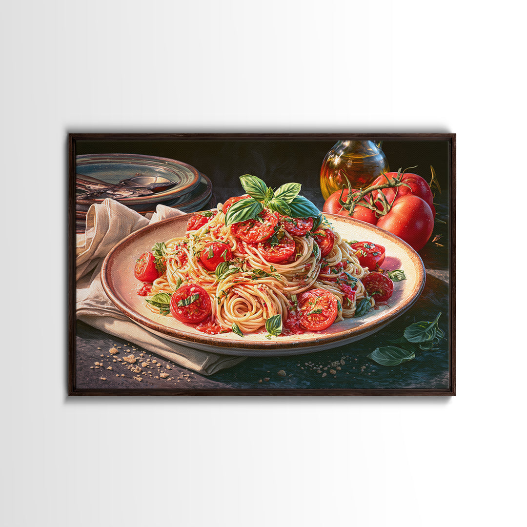 Fresh Pasta with Tomatoes and Basil Framed Canvas Print, Restaurant Art, Kitchen Art, Restaurant Decor, Fine Art, Bistro, RES-3x2-6