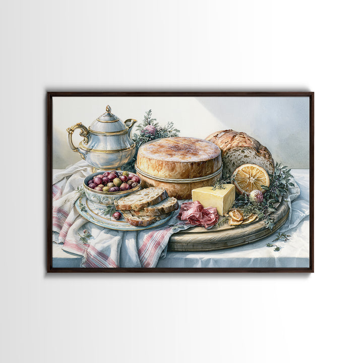 Mediterranean Olives Bread and Cheese Board Canvas Print, Restaurant Art, Food Art, Restaurant Decor, Oil Painting, Bistro, RES-3x2-61