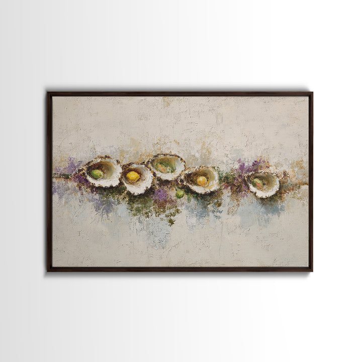 Oyster Platter with Lemons and Champagne Framed Canvas Print, Restaurant Art, Kitchen Wall Art, Restaurant Decor, Abstract Art, RES-3x2-7