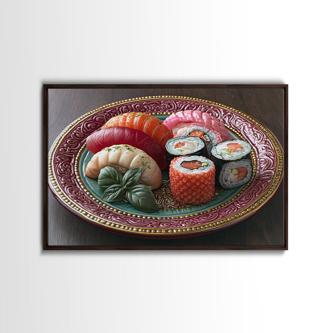 Sushi Fish and Ceramic Plate Composition Framed Canvas Print, Restaurant Art, Fine Art Print, Restaurant Decor, Bistro, RES-3x2-81