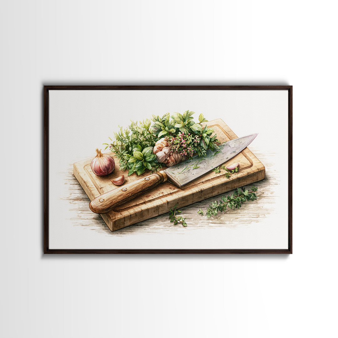 Chef Knife Herbs and Cutting Board Still Canvas Print, Restaurant Art, Boho Decor, Restaurant Decor, Oil Painting, Bistro, RES-3x2-89