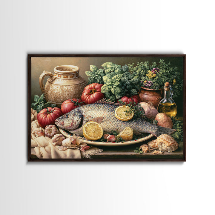 Fresh Fish with Lemon and Herbs Framed Canvas Print, Restaurant Art, Kitchen Decor, Restaurant Decor, Fine Art, Bistro, RES-3x2-99