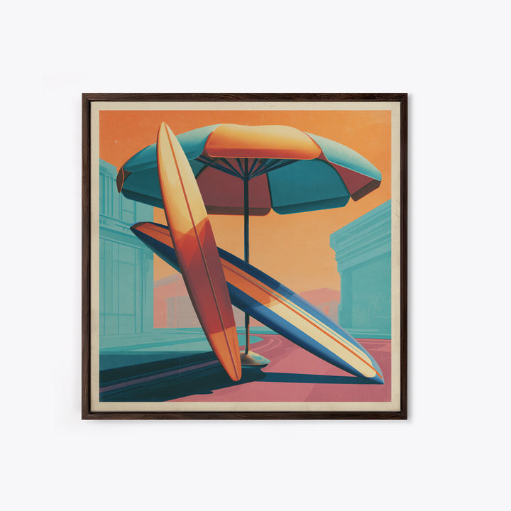 Retro Beach Umbrella and Surfboard Canvas Print, Retro Art, Printable Art, Living Room Decor, Fine Art, Retro, Funky Wall Art, RET-1x1-18