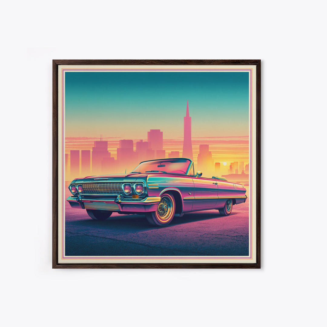 Classic Convertible at Pink Sunset Framed Canvas Print, Retro Art, Bedroom Wall Art, Living Room Decor, Watercolor Art, Retro, RET-1x1-34