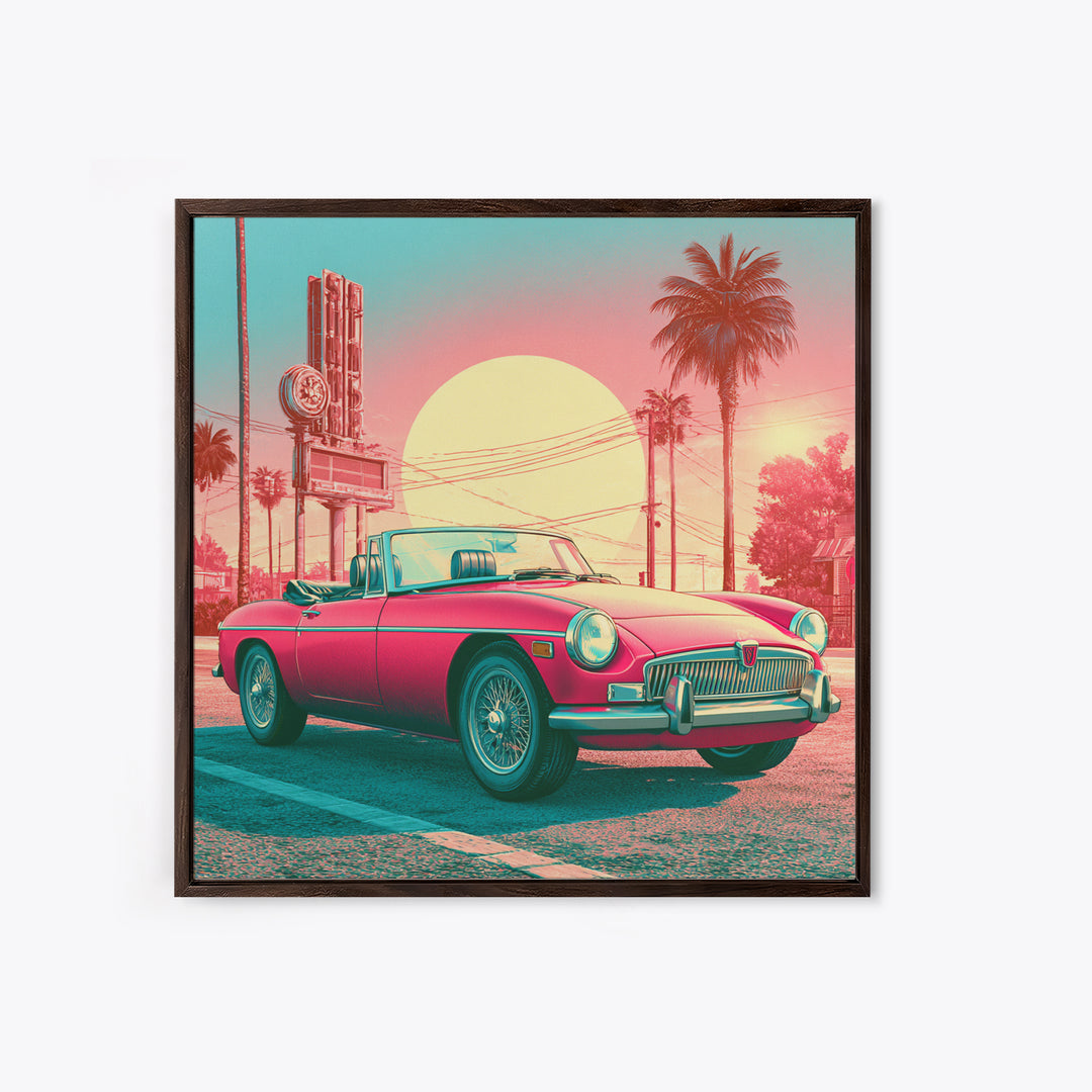 Classic Convertible at Pink Sunset Framed Canvas Print, Retro Art, Bedroom Wall Art, Living Room Decor, Watercolor Art, Retro, RET-1x1-58