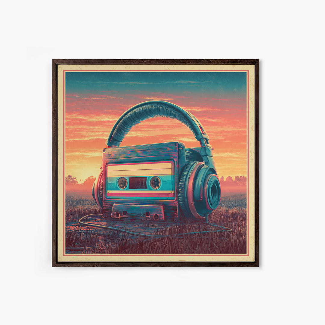 Cassette Tape and Headphones Graphic Framed Canvas Print, Retro Art, Gallery Decor, Living Room Decor, Fine Art, Retro, RET-1x1-78