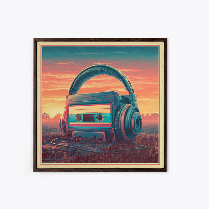 Cassette Tape and Headphones Graphic Framed Canvas Print, Retro Art, Gallery Decor, Living Room Decor, Fine Art, Retro, RET-1x1-78